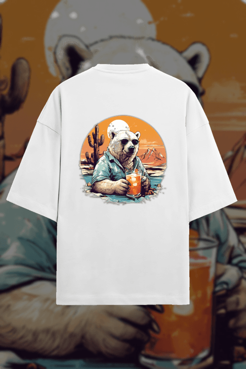 Design - polar bear, drinking a cocktail, in a desert