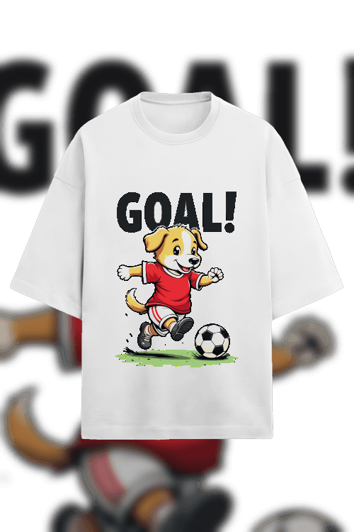 Design - dog kicking a football with text "Goal!"