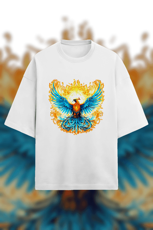 Design - phoenix spreading its wings, sky blue and orange color