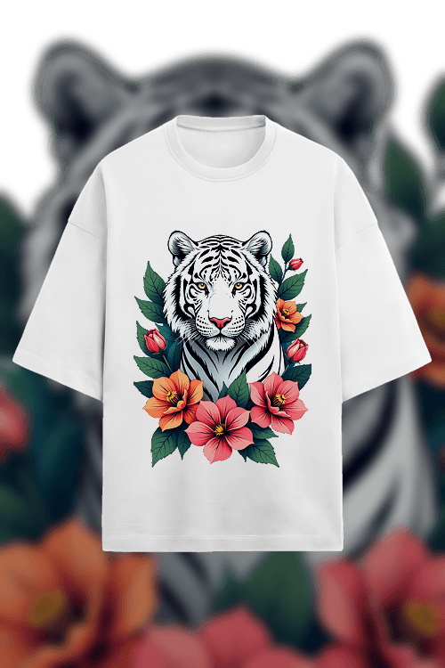 Design - white tiger with flowers