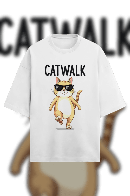 Design - A cal walking showing off wearing sunglasses with the Text saying Catwalk