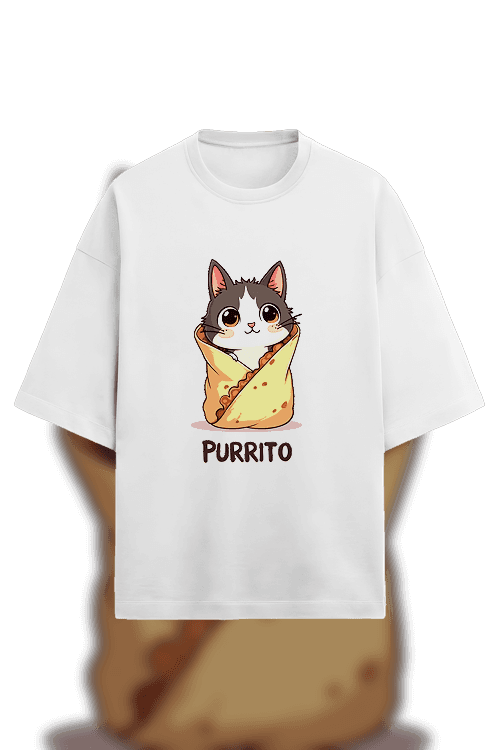 Design - A cat wrapped in a burrito with the text Purrito