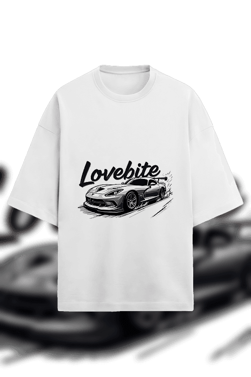 Design - A menacing Dodge Viper dashing on the road with the text saying Lovebite