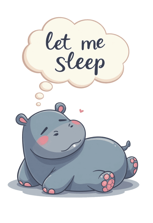 Design - hippo sleeping with text "let me sleep"